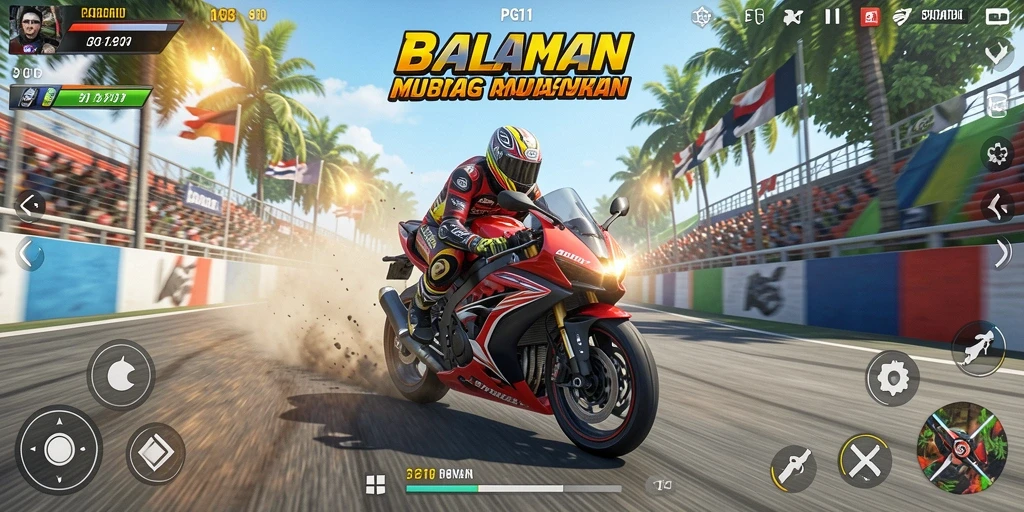 Gameplay PG11 yang menegangkan dengan motor balap cepat.