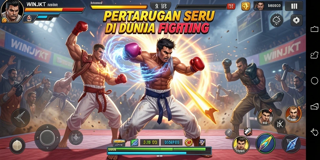 Screenshot gameplay WINJKT yang menunjukkan pertarungan epik antar karakter.